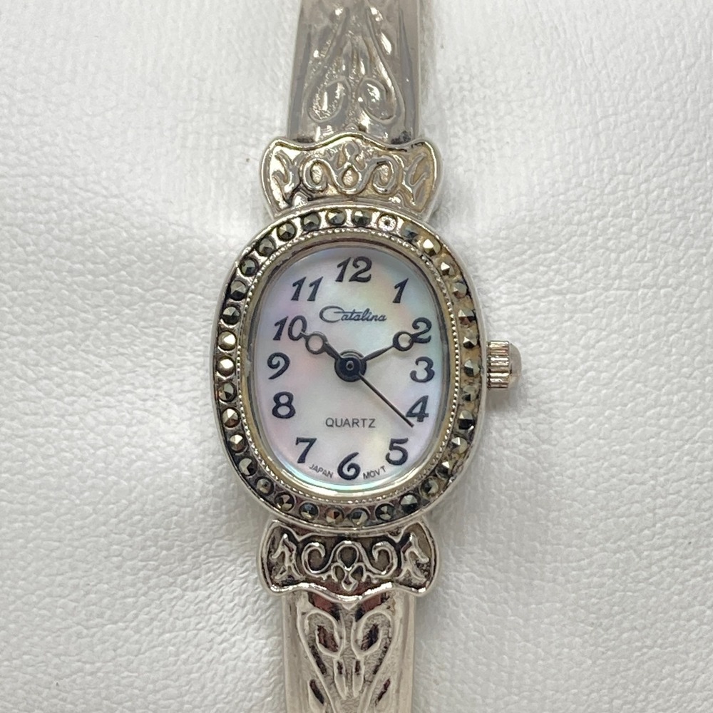 Catalina Women Marcasite Watch READ Silver Tone Cuff Scroll New Battery SMALL 6"